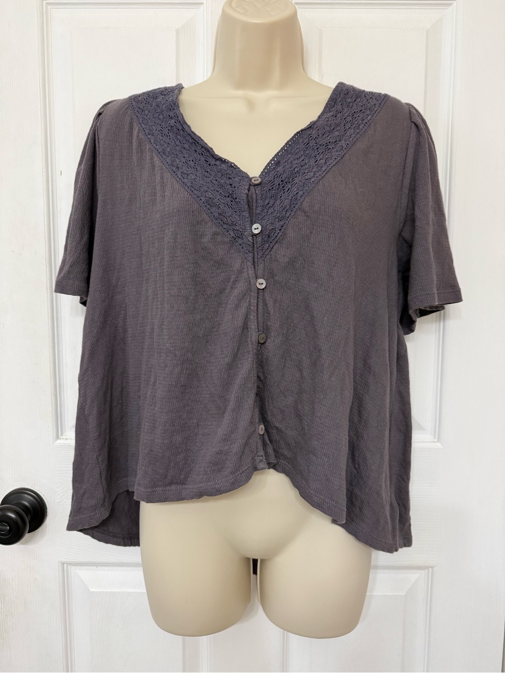 Lucky Brand Open Neck Lace Top Small Boho Gauze Button Front - Picture 2 of 12